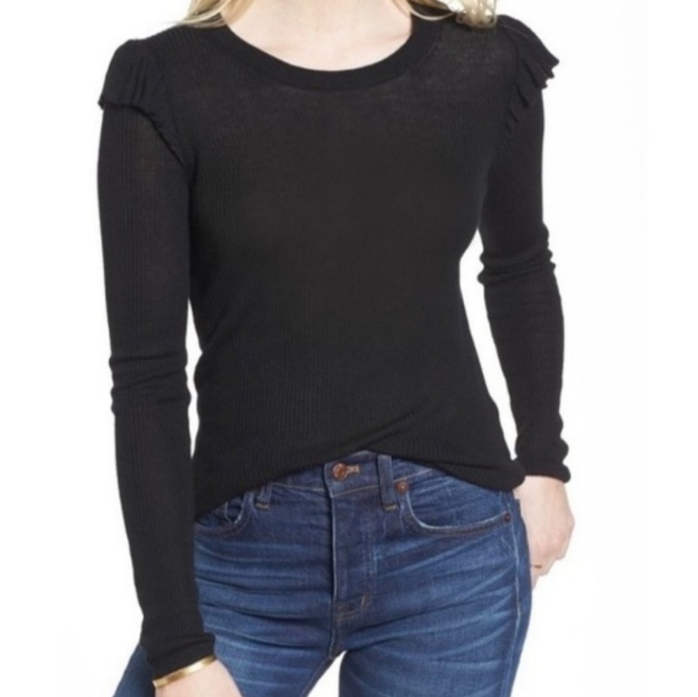 Madewell | Women's Black Ruffle Sleeved Pullover Sweater (Size Large)